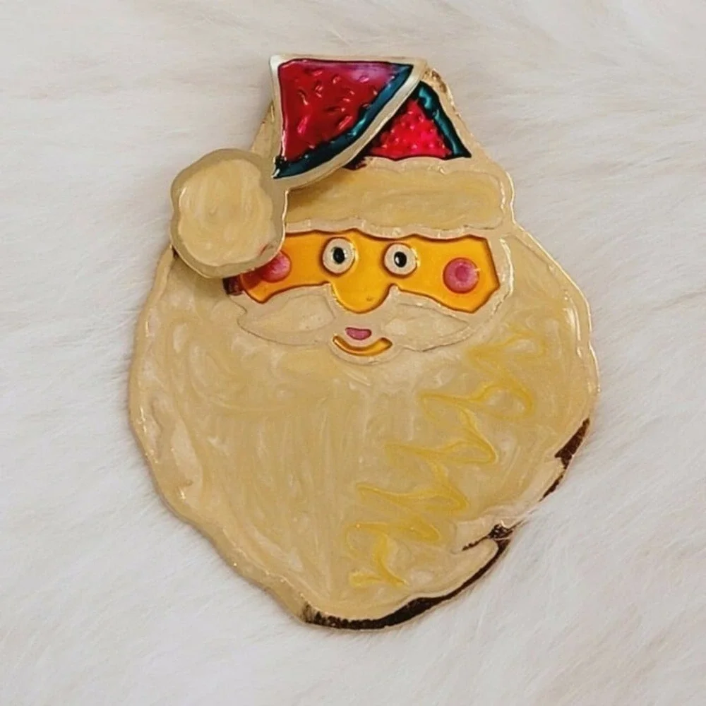 Vintage Santa Claus Head Brooch Christmas Enamel Pin Guilloche Holiday 8140